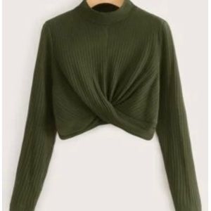 SHEIN Olive Green Twist Hem Rib-Knit Solid Long Sleeve Tee